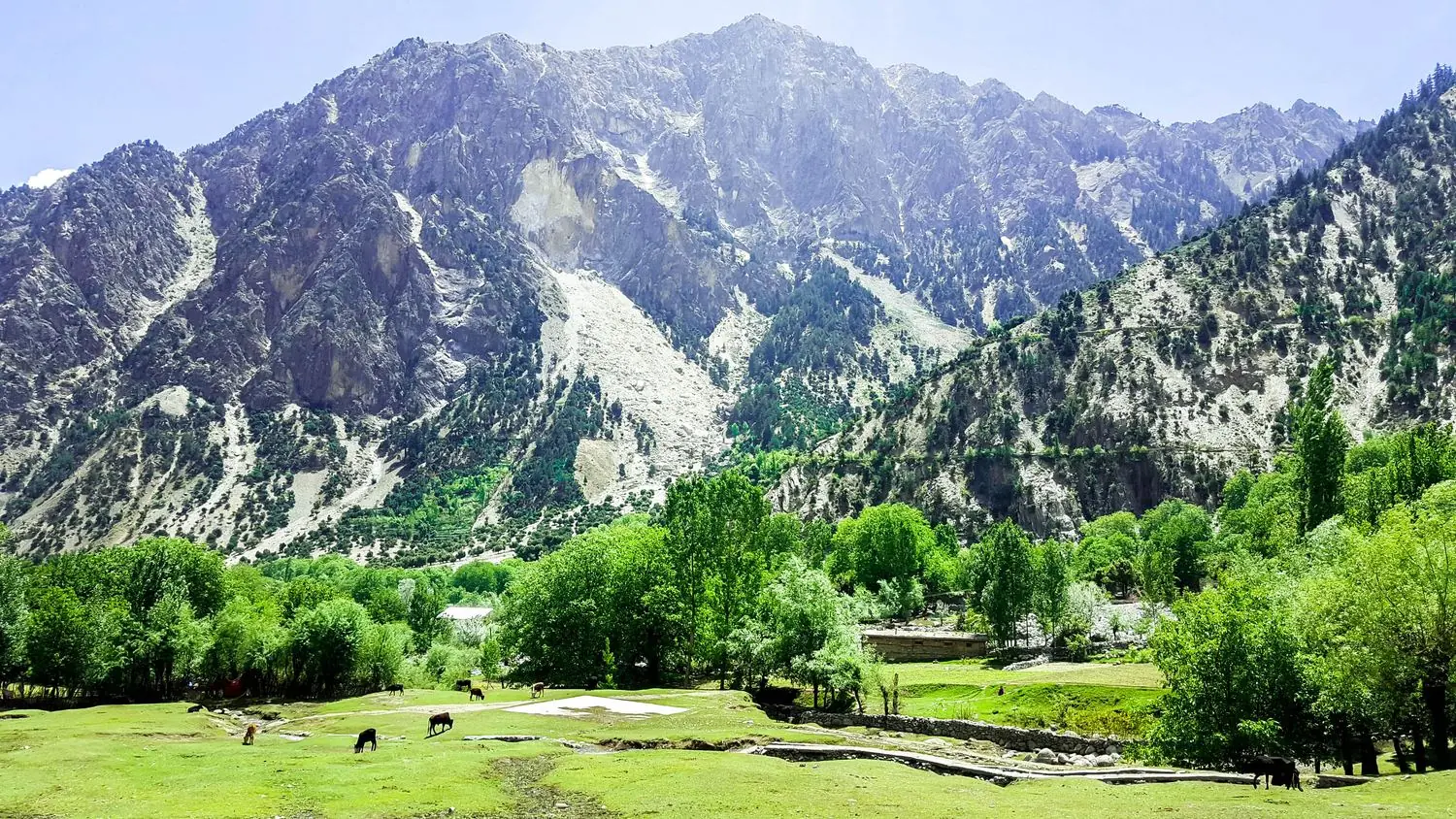 The green Bumburet valley beneath snow-covered peaks