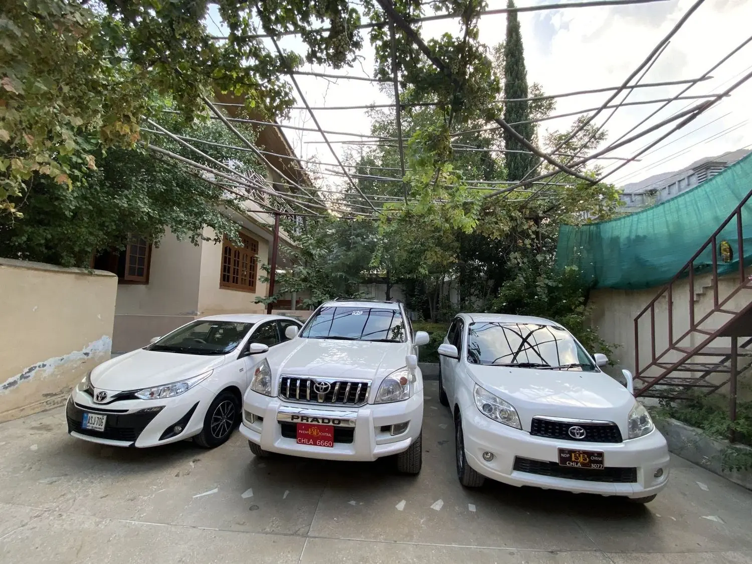 The three guesthouse vehicles parked side by side, ready for transfers